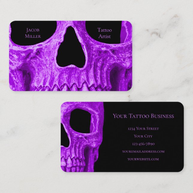 Skull Face Gothic Neon Lila Black Tattoo Shop Telefonnummerkarte (Vorne/Hinten)