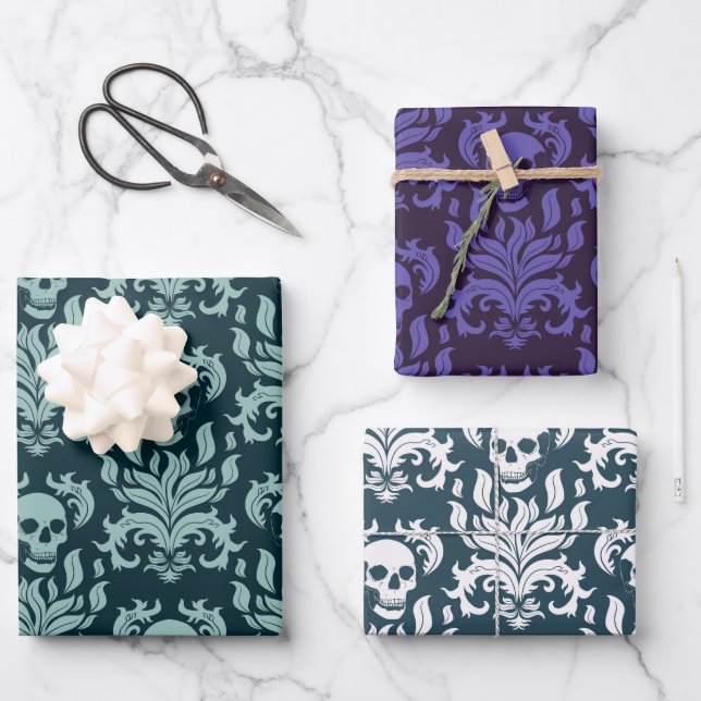 Skull Flame Damask - blaue und lila Sammlung Geschenkpapier Set (Vorderseite)
