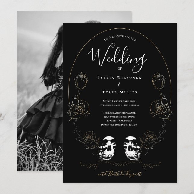 Skull Floral Black Foto Gothic Einladung (Vorne/Hinten)