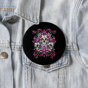 Skull floral, skeleton watercolor pink ,Halloween. Button