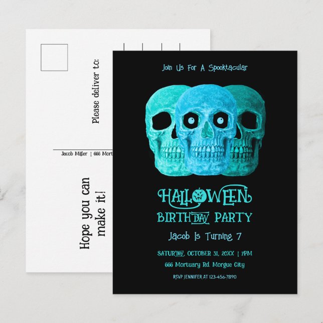 Skull Funny GothBlue Aquamarin Halloween Geburtsta Einladungspostkarte (Vorne/Hinten)