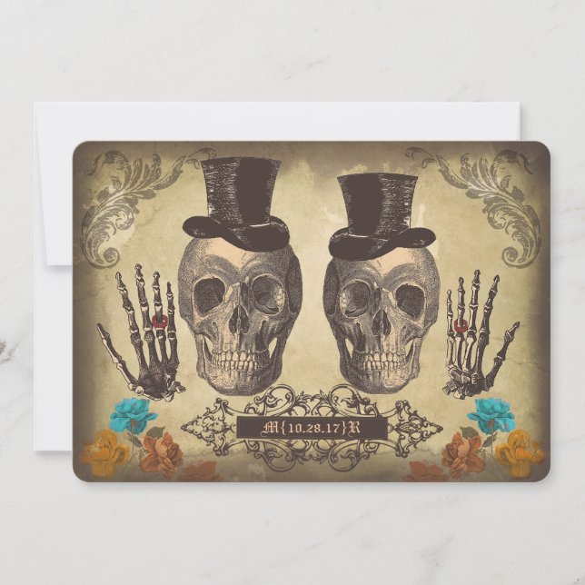 Skull Gay Paar Viktorianisch Gothic Wedding Einlad Einladung (Vorderseite)