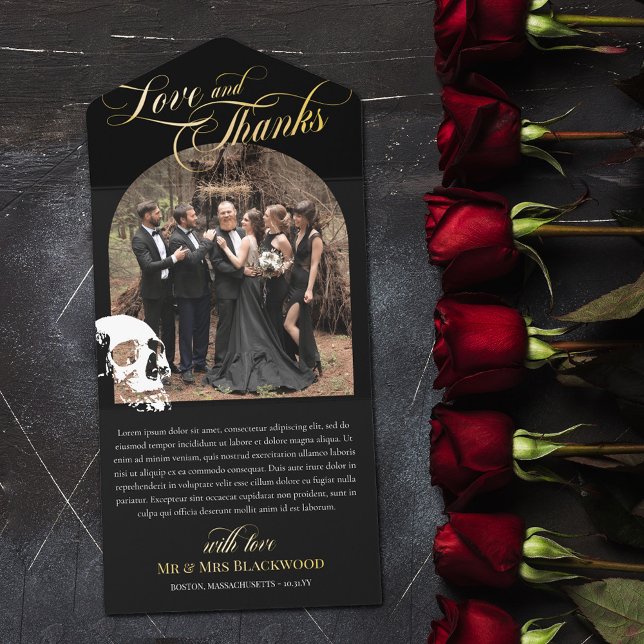 Skull Goth Halloween Wedding Love Thanks Gold All-in-One-Einladung (Von Creator hochgeladen)