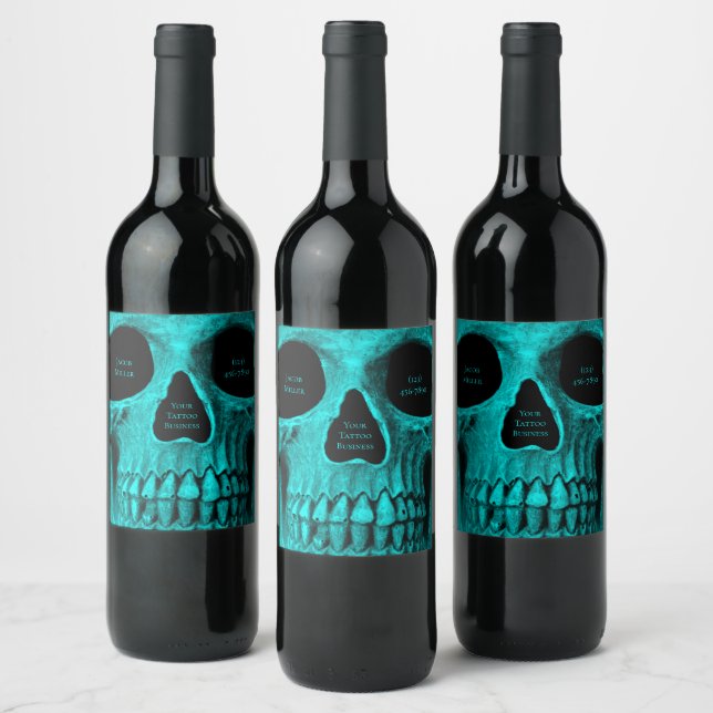 Skull Gothic Dark Aquamarin Black Macabre Tattoo S Weinetikett (Flaschen)