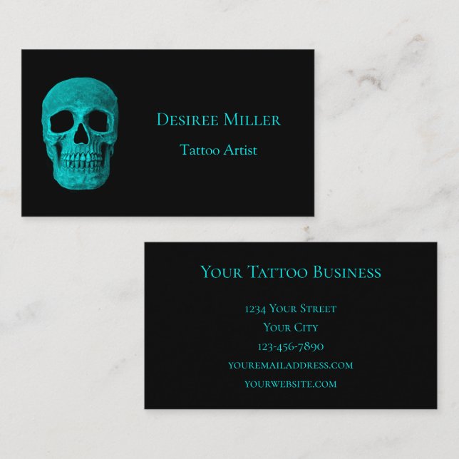 Skull Gothic Dark Aquamarin Black Tattoo Shop Visitenkarte (Vorne/Hinten)