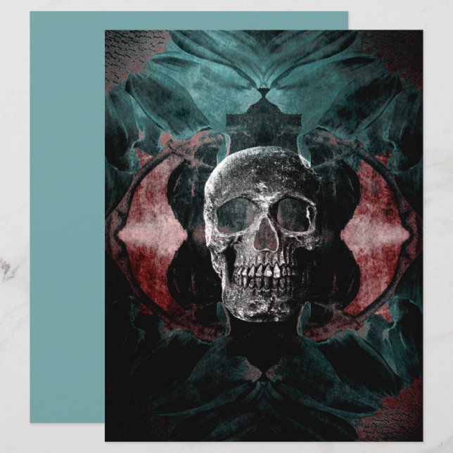 Skull Gothic Floral Aquamarin Black Grunge Textur (Vorne/Hinten)