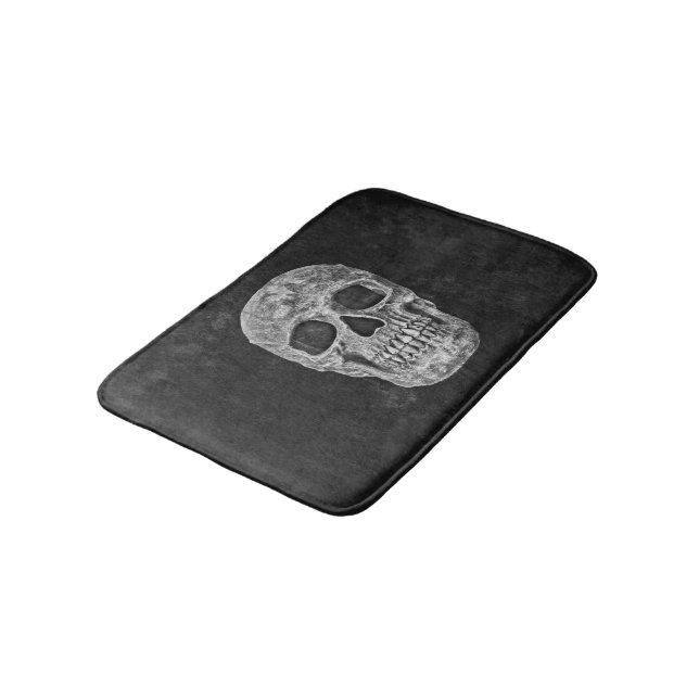 Skull Gothic Old Grunge Schwarz und Weiß Textur Badematte (Schrägansicht)
