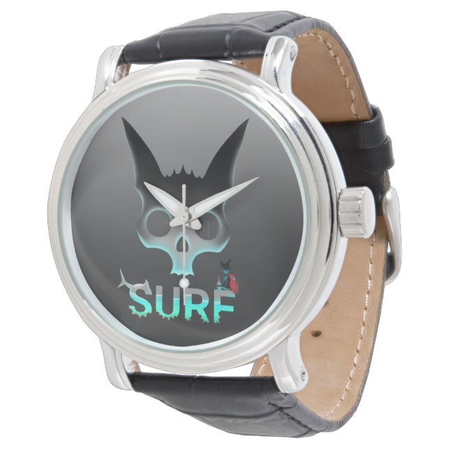 Skull Graffiti Surf Cat Armbanduhr (Schrägansicht)