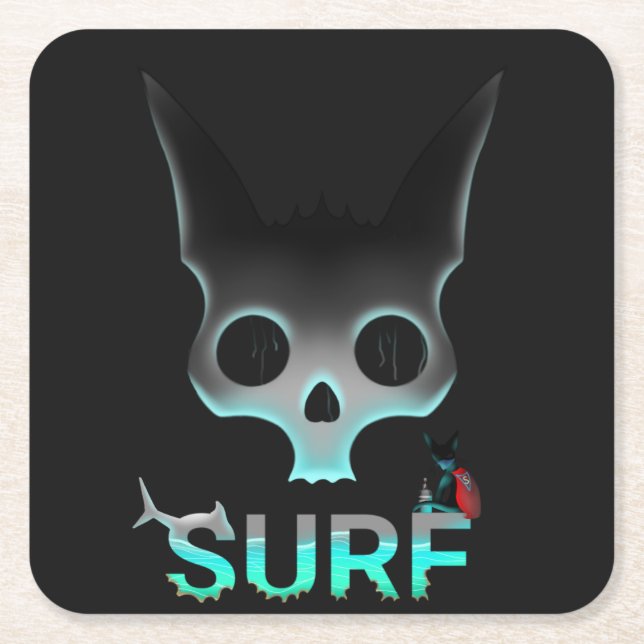 Skull Graffiti Surf Cat Rechteckiger Pappuntersetzer (Vorderseite)