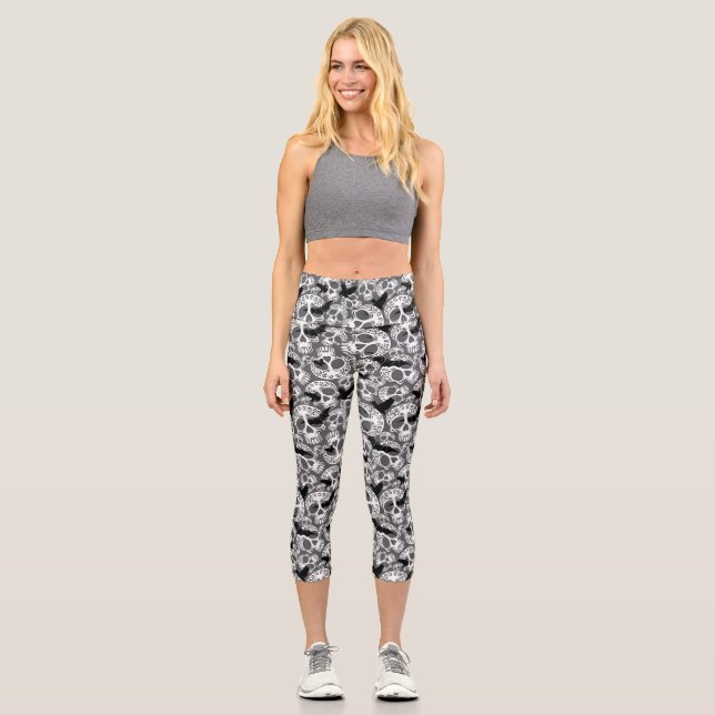 Skull Halloween Dekorative Calaveras Capri Leggings (Vorderseite)