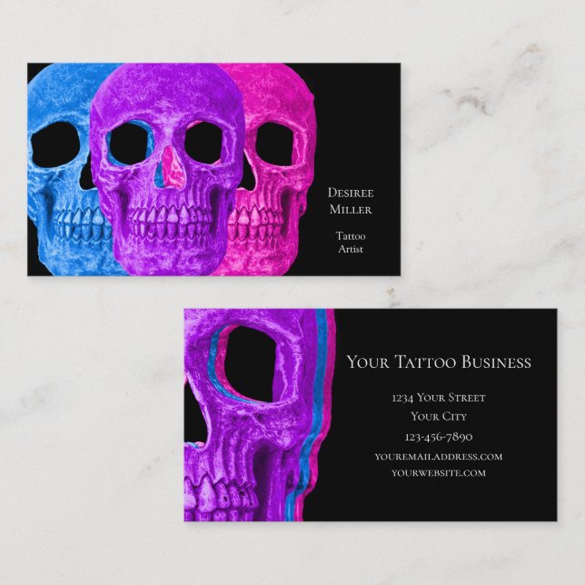 Skull Head Gothic Blue Pink Lila Black Pop Art Visitenkarte (Vorne/Hinten)