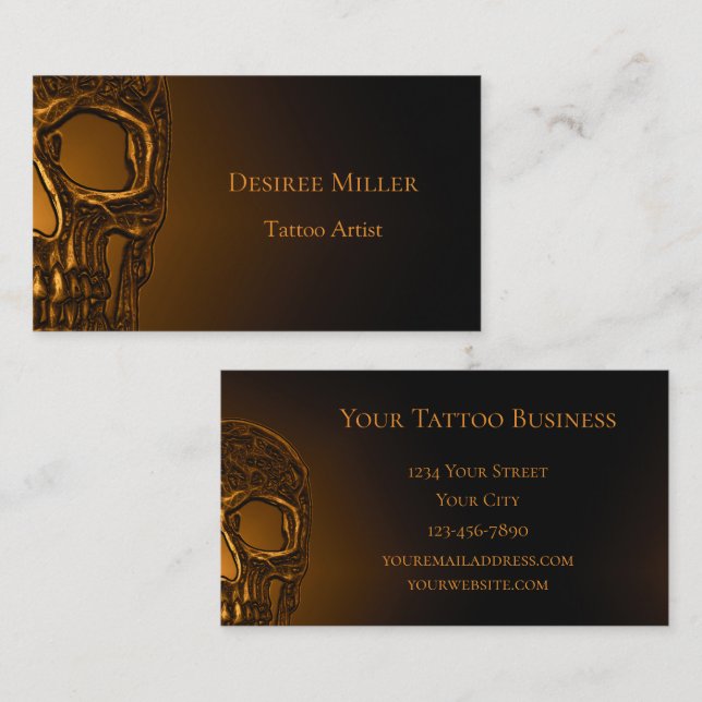Skull Head Gothic Gold Metallic Tattoo Shop Visitenkarte (Vorne/Hinten)