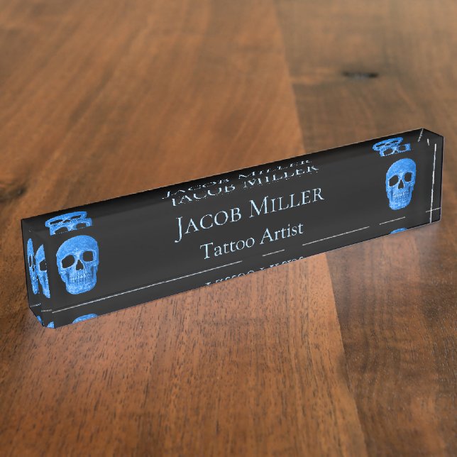 Skull Head Gothic Neon Blue Black Tattoo Shop Namensplakette (Seite)