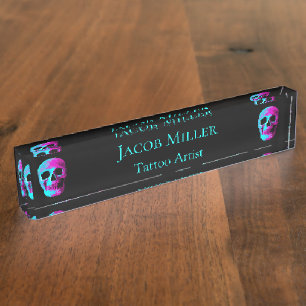 Skull Head Gothic Neon Lila Aquamarin Black Design Namensplakette