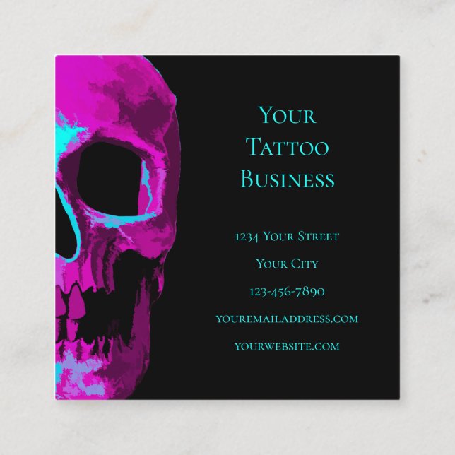 Skull Head Gothic Neon Lila Aquamarin Black Design Quadratische Visitenkarte (Rückseite)