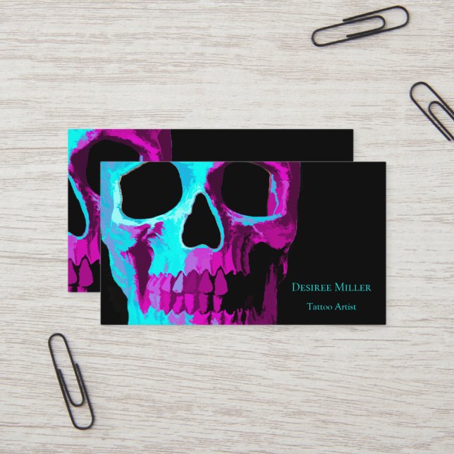 Skull Head Gothic Neon Lila Aquamarin Black Design Visitenkarte (Vorderseite/Rückseite Beispiel)