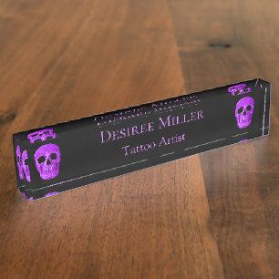 Skull Head Gothic Neon Lila Black Tattoo Shop Namensplakette