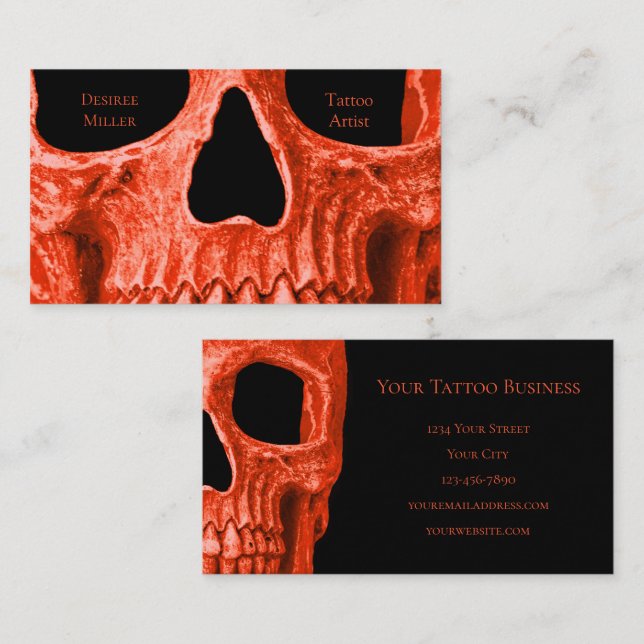 Skull Head Gothic Neon Orange Black Tattoo Shop Visitenkarte (Vorne/Hinten)