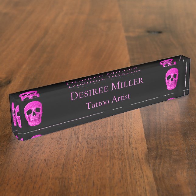 Skull Head Gothic Neon Pink Black Tattoo Shop Namensplakette (Seite)