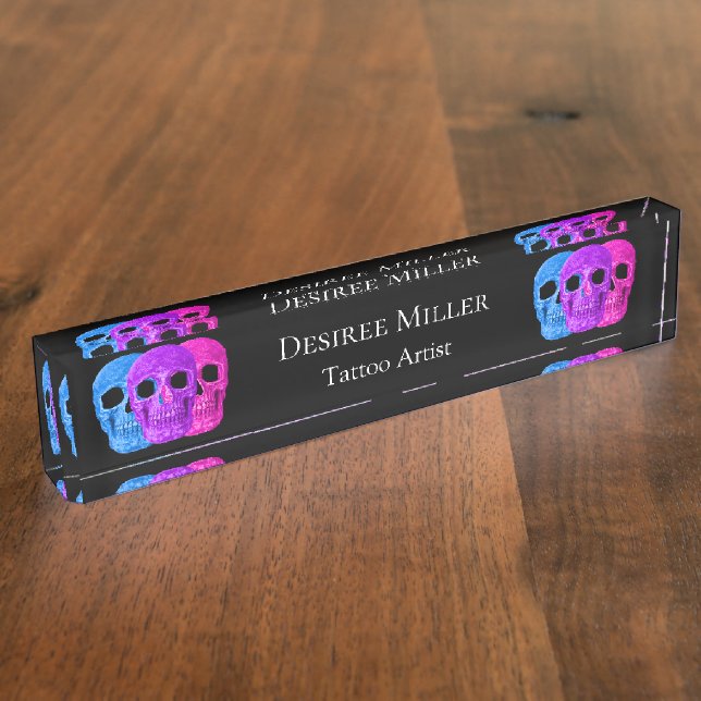 Skull Head Gothic Pink Blue Lila Black Pop Art Namensplakette (Seite)