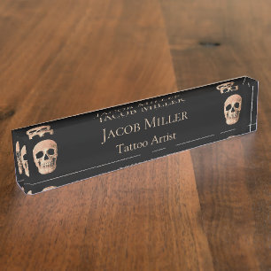 Skull Head Gothic Tan Brown Black Tattoo Shop Namensplakette