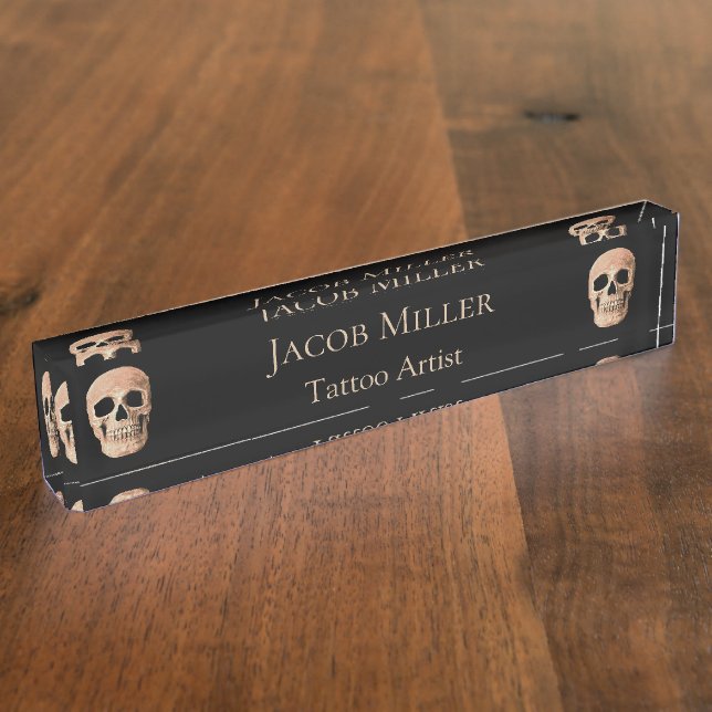 Skull Head Gothic Tan Brown Black Tattoo Shop Namensplakette (Seite)