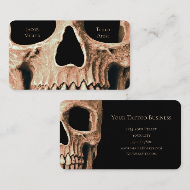 Skull Head Gothic Tan Brown Black Tattoo Shop Visitenkarte (Vorne/Hinten)