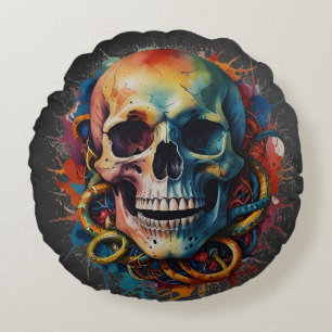 Skull Head mit mehrfarbigen Paint Splashes Rundes Kissen