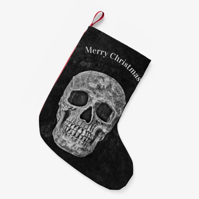 Skull Head Schwarz und Weiß Gothic Weihnachten Kleiner Weihnachtsstrumpf (Vorderansicht (hängend))