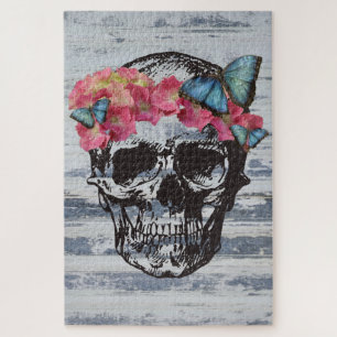 Skull Hydrangea Blue Butterfly Art