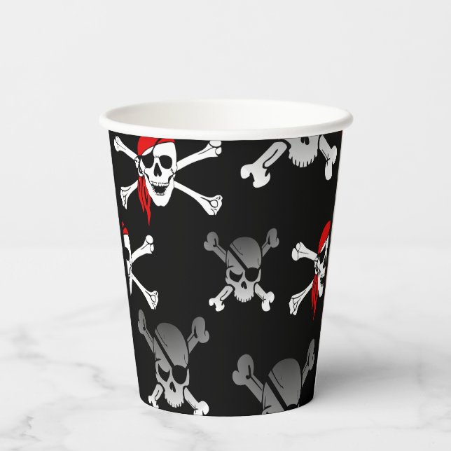 Skull in Knochen Schwarzes Party Piraten Papier Cu Pappbecher (Rückseite)