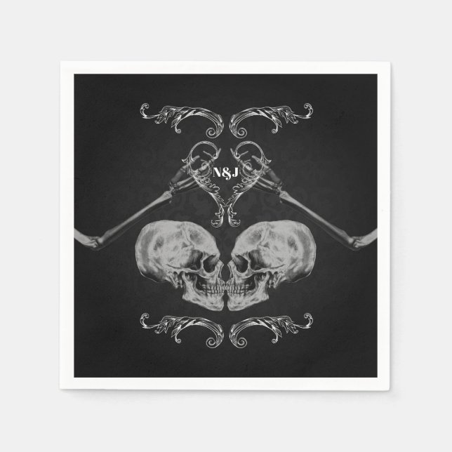 "Skull in Liebe" Vintage Skelette Schwarze Hochzei Serviette (Vorderseite)