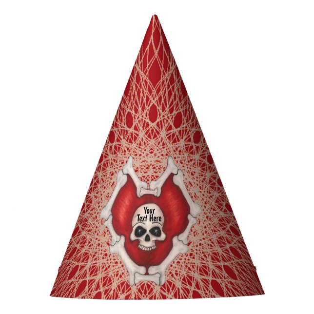Skull in Spooky Rotes Herz Knochen Spirallinien Partyhütchen (Vorderseite)