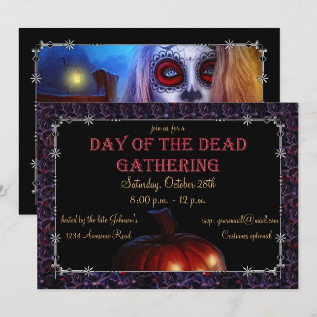 Skull Lady & Jack-o-lantern Dias de los Muertos Einladung (Vorne/Hinten)