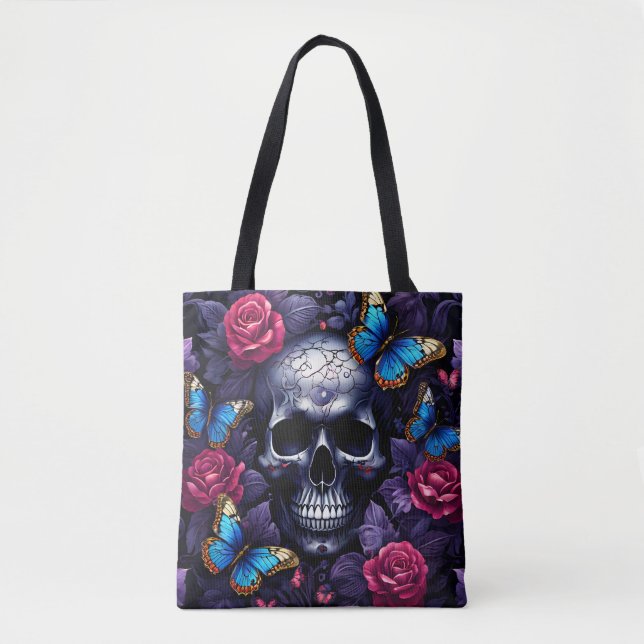 Skull mit Blauen Schmetterlingen und Rote Rosen Go Tasche (Vorderseite)