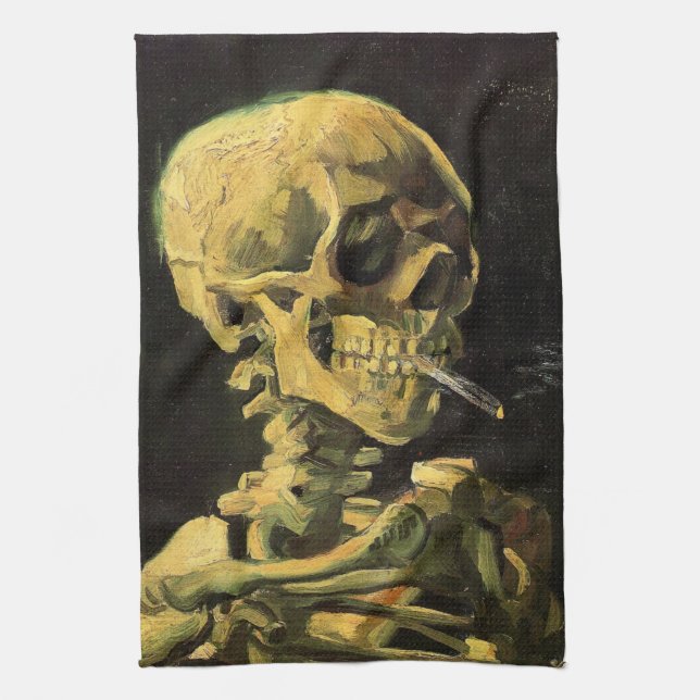 Skull mit brennender Zigarette von Vincent van Gog Geschirrtuch (Vertikal)