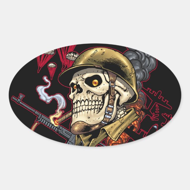 Skull mit Helm, Flugzeugen und Bomben Ovaler Aufkleber (Vorderseite)