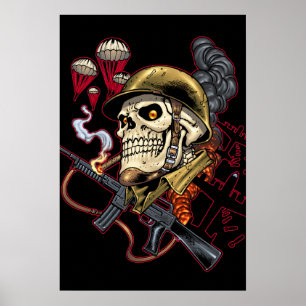 Skull mit Helm, Flugzeugen und Bomben Poster