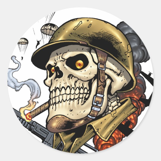 Skull mit Helm, Flugzeugen und Bomben Runder Aufkleber (Vorderseite)