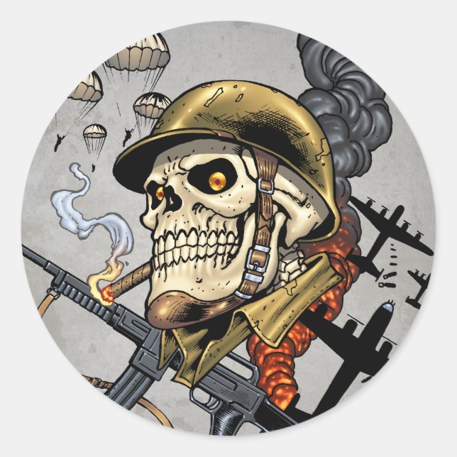 Skull mit Helm, Flugzeugen und Bomben Runder Aufkleber (Vorderseite)