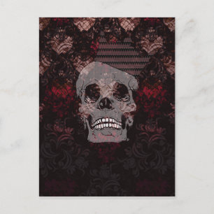Skull mit Krone auf Grunge Black Lace Red Damask Postkarte