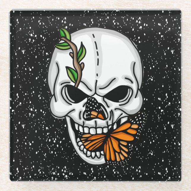 Skull mit Monarch Butterfly Schwarzer Hintergrund Glasuntersetzer (Vorderseite)