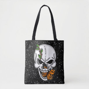 Skull mit Monarch Butterfly Schwarzer Hintergrund Tasche
