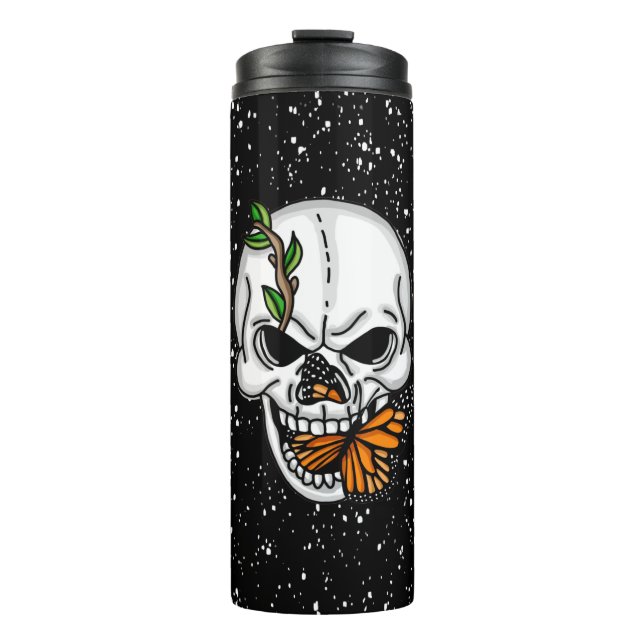 Skull mit Monarch Butterfly Schwarzer Hintergrund Thermosbecher (Vorderseite)