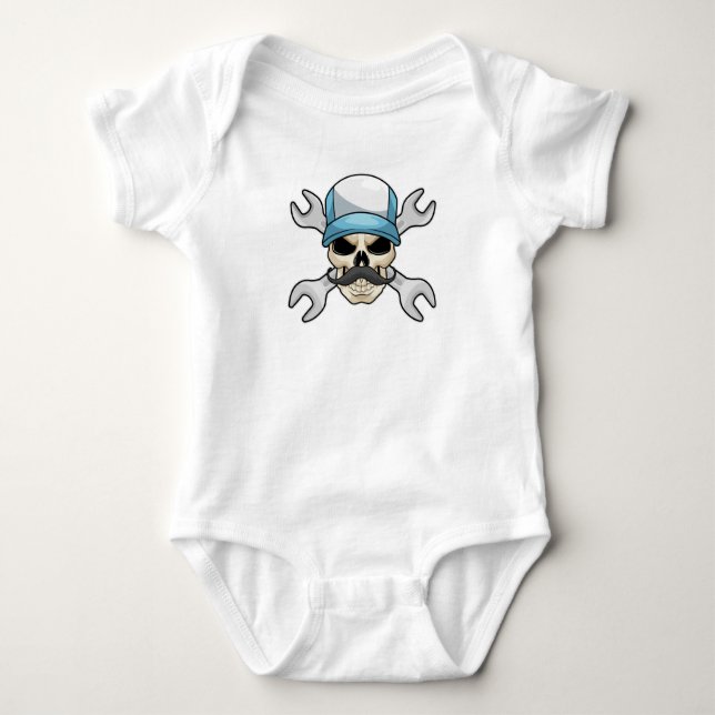 Skull mit Mustache & Wrench Baby Strampler (Vorderseite)