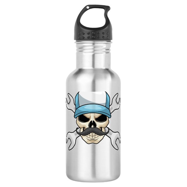 Skull mit Mustache & Wrench Edelstahlflasche (Vorderseite)
