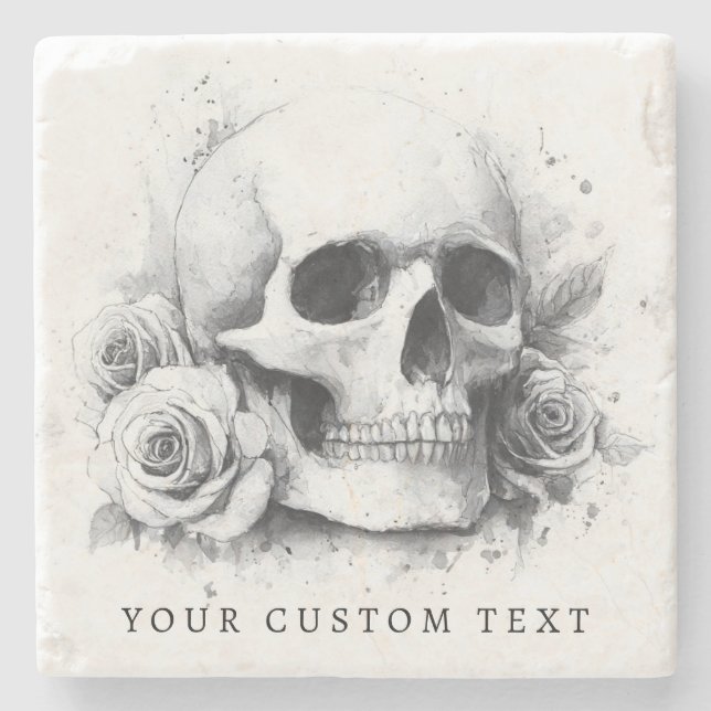 Skull mit Rose Aquarellmalerei Steinuntersetzer (Vorderseite)