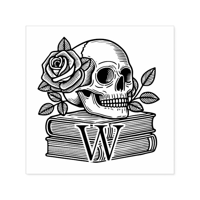 Skull mit Rose auf Büchern #6PS Initialmonogramm Permastempel (Design)