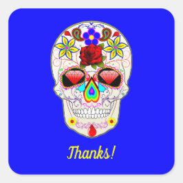 Skull mit Rose und Lilie auf blau Quadratischer Aufkleber