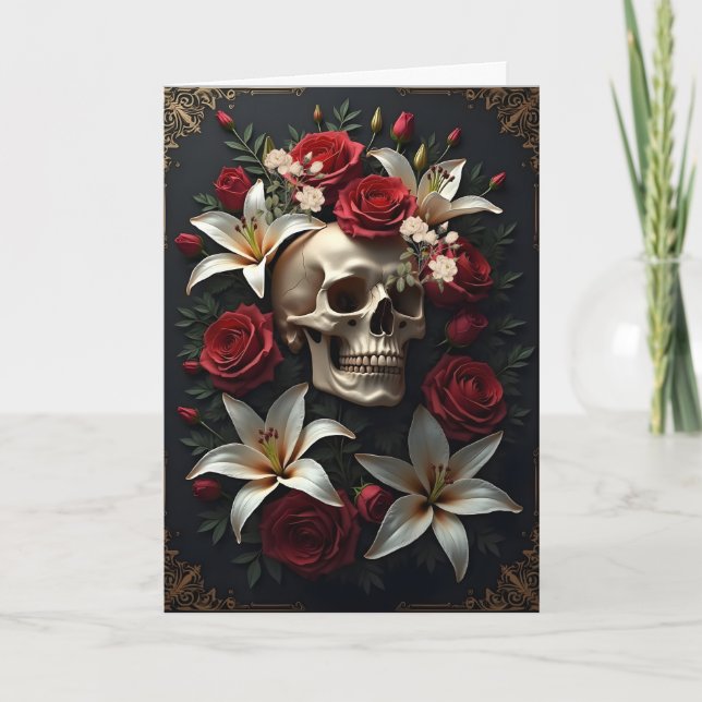 Skull mit Rot-Weiß-Blume Geburtstag Karte (Vorderseite)